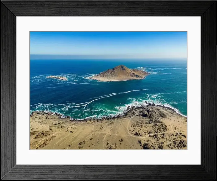 Framed Print : Aerial view of Isla Pan de Azúcar in the National Park Pan de Azúcar at the coast of the Atacama desert in Chile Framed Print : Aerial view of Isla Pan de Azúcar in the National Park Pan de Azúcar at the coast of the Atacama desert in Chile