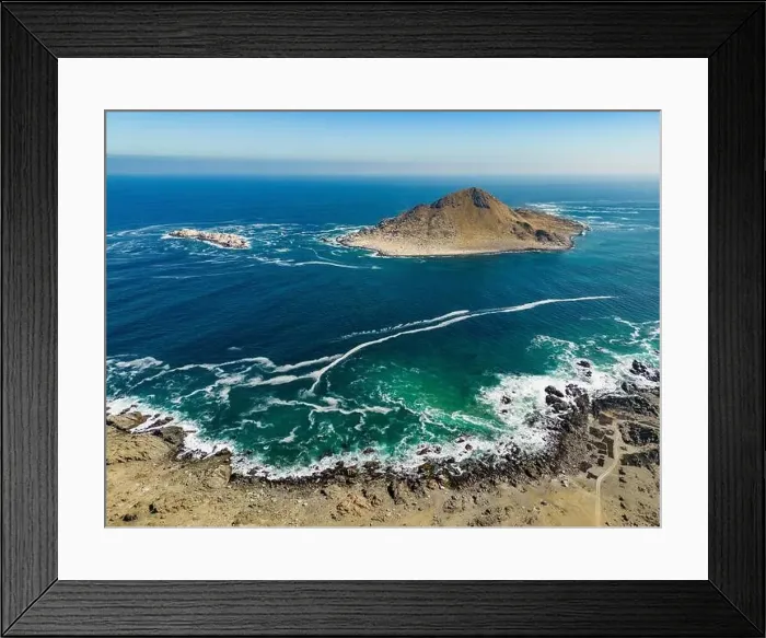 Framed Print : Aerial view of Isla Pan de Azúcar in the National Park Pan de Azúcar at the coast of the Atacama desert in Chile Framed Print : Aerial view of Isla Pan de Azúcar in the National Park Pan de Azúcar at the coast of the Atacama desert in Chile