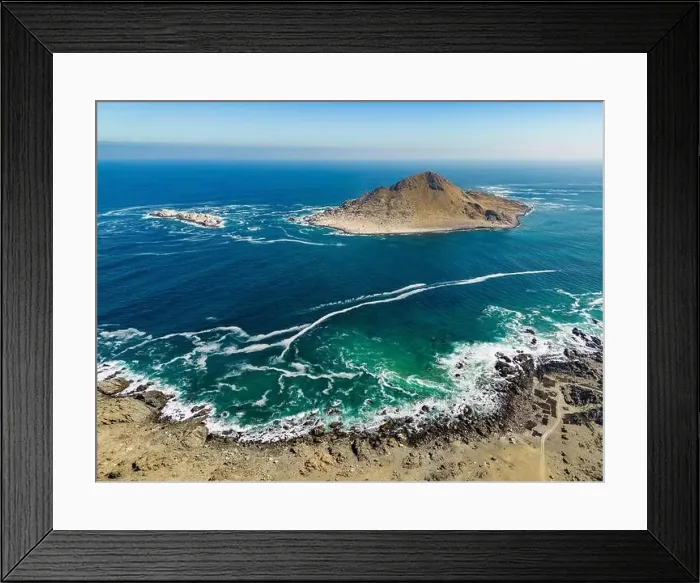 Framed Print : Aerial view of Isla Pan de Azúcar in the National Park Pan de Azúcar at the coast of the Atacama desert in Chile Framed Print : Aerial view of Isla Pan de Azúcar in the National Park Pan de Azúcar at the coast of the Atacama desert in Chile