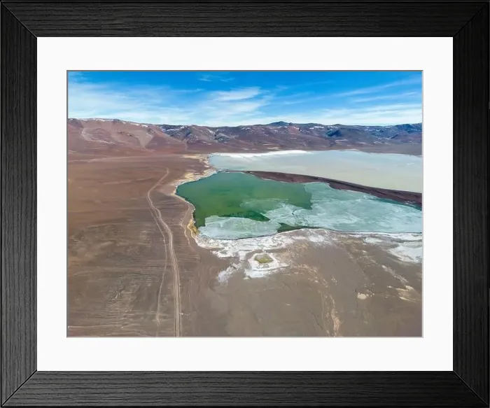 Framed Print : Aerial view of the green and partly frozen Laguna del Negro Francisco in the Atacama desert in Chile - Traveling Framed Print : Aerial view of the green and partly frozen Laguna del Negro Francisco in the Atacama desert in Chile - Traveling