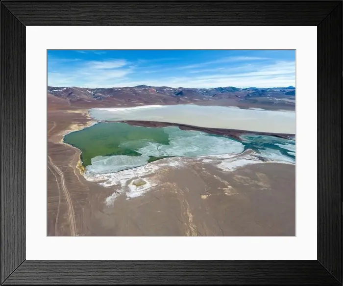 Framed Print : Aerial view of the green and partly frozen Laguna del Negro Francisco in the Atacama desert in Chile - Traveling Framed Print : Aerial view of the green and partly frozen Laguna del Negro Francisco in the Atacama desert in Chile - Traveling