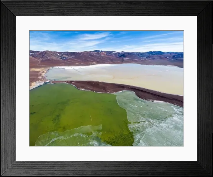 Framed Print : Aerial view of the green and partly frozen Laguna del Negro Francisco in the Atacama desert in Chile - Traveling Framed Print : Aerial view of the green and partly frozen Laguna del Negro Francisco in the Atacama desert in Chile - Traveling