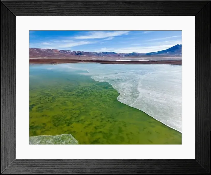 Framed Print : Aerial view of the green and partly frozen Laguna del Negro Francisco in the Atacama desert in Chile - Traveling