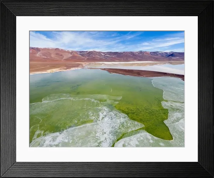 Framed Print : Aerial view of the green and partly frozen Laguna del Negro Francisco in the Atacama desert in Chile - Traveling