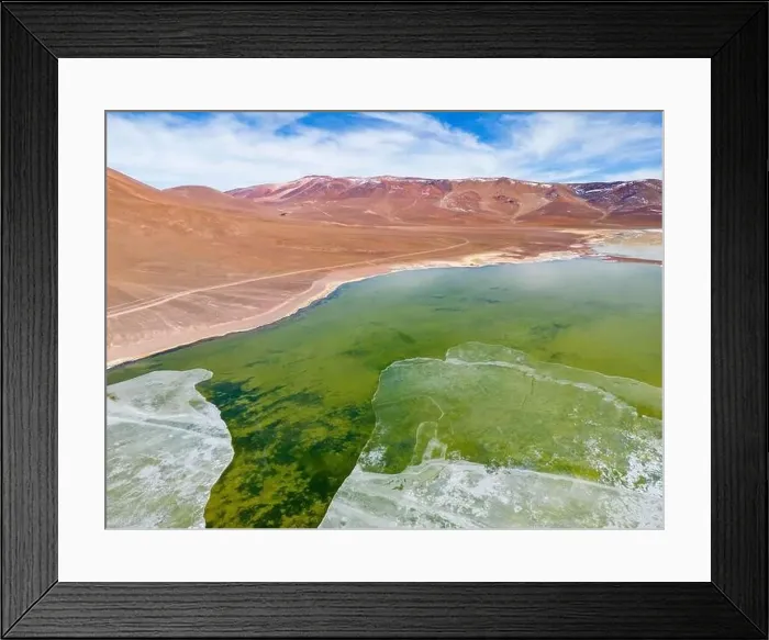 Framed Print : Aerial view of the green and partly frozen Laguna del Negro Francisco in the Atacama desert in Chile - Traveling
