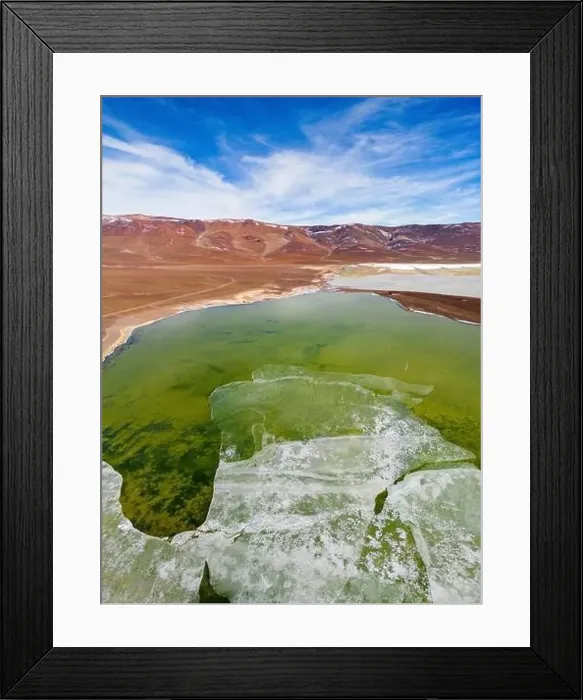 Framed Print : Aerial view of the green and partly frozen Laguna del Negro Francisco in the Atacama desert in Chile - Traveling