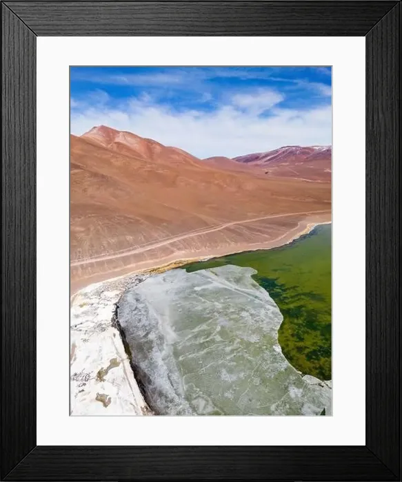 Framed Print : Aerial view of the green and partly frozen Laguna del Negro Francisco in the Atacama desert in Chile - Traveling Framed Print : Aerial view of the green and partly frozen Laguna del Negro Francisco in the Atacama desert in Chile - Traveling