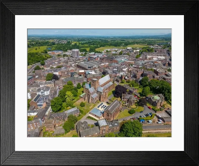 Framed Print : An aerial drone photo of the cathedral in Carlisle. Carlisle is a town in Cumbria, north-west England Framed Print : An aerial drone photo of the cathedral in Carlisle. Carlisle is a town in Cumbria, north-west England