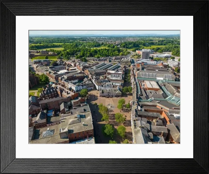 Framed Print : An aerial drone photo of the town centre of Carlisle in Cumbria Framed Print : An aerial drone photo of the town centre of Carlisle in Cumbria