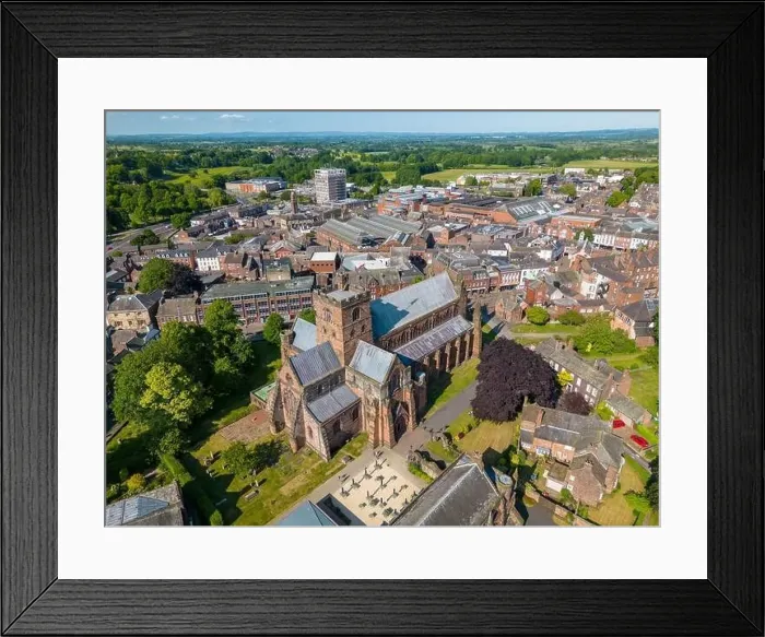 Framed Print : An aerial drone photo of the cathedral in Carlisle. Carlisle is a town in Cumbria, north-west England Framed Print : An aerial drone photo of the cathedral in Carlisle. Carlisle is a town in Cumbria, north-west England