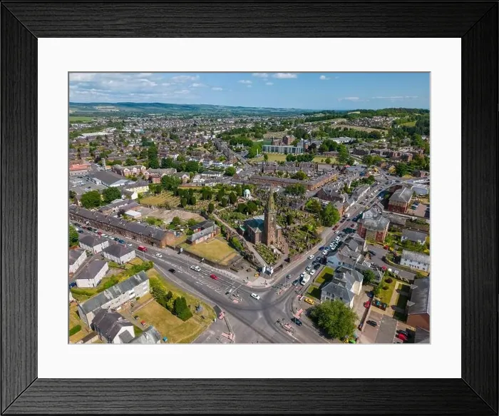Framed Print : Aerial drone photo of a church in the city of Dumfries in Scotland Framed Print : Aerial drone photo of a church in the city of Dumfries in Scotland