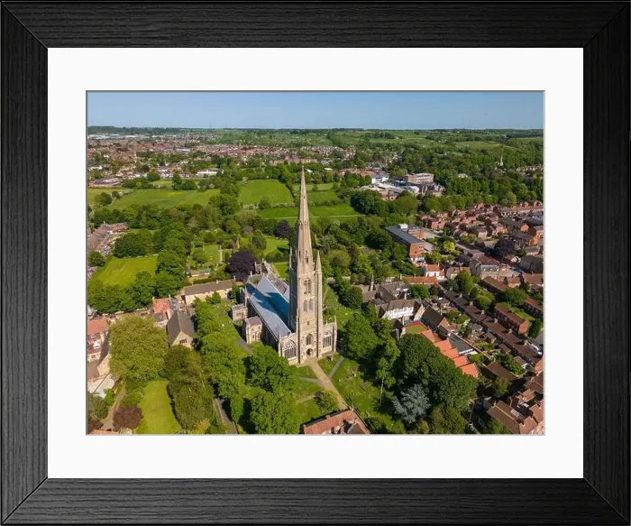 Framed Print : Aerial drone photo of the church in Grantham. Grantham is a town in Lincolnshire, England Framed Print : Aerial drone photo of the church in Grantham. Grantham is a town in Lincolnshire, England
