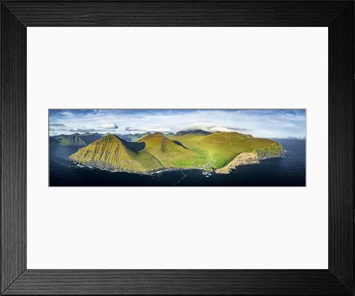 Framed Print : Aerial view of the village of Gjogv on cliffs overlooking the Atlantic Ocean, Eysturoy Island, Faroe Islands Framed Print : Aerial view of the village of Gjogv on cliffs overlooking the Atlantic Ocean, Eysturoy Island, Faroe Islands