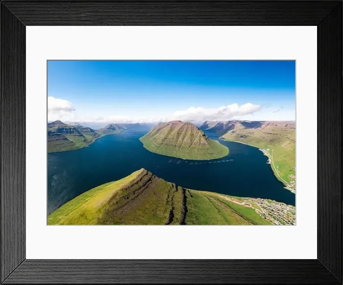 Framed Print : Aerial panoramic of Kunoy Island and Klaksvik city along the fjord from Klakkur mountain, Bordoy Island, Faroe Islands Framed Print : Aerial panoramic of Kunoy Island and Klaksvik city along the fjord from Klakkur mountain, Bordoy Island, Faroe Islands