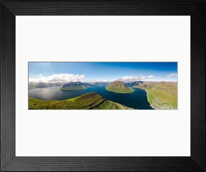 Framed Print : Aerial panoramic of Kunoy Island along the fjord from Klakkur mountain, Klaksvik, Bordoy Island, Faroe Islands Framed Print : Aerial panoramic of Kunoy Island along the fjord from Klakkur mountain, Klaksvik, Bordoy Island, Faroe Islands