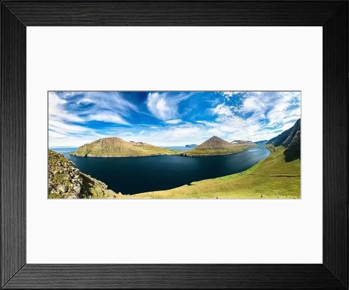Framed Print : Clouds in the summer sky over mountains and sea framed by green meadows, aerial view, Muli, Bordoy island, Faroe Islands Framed Print : Clouds in the summer sky over mountains and sea framed by green meadows, aerial view, Muli, Bordoy island, Faroe Islands