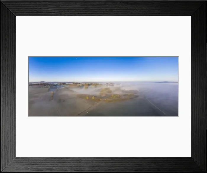 Framed Print : Drone image of morning ground fog over fields in the German province of North Hesse near the village of Rhoden in autumn