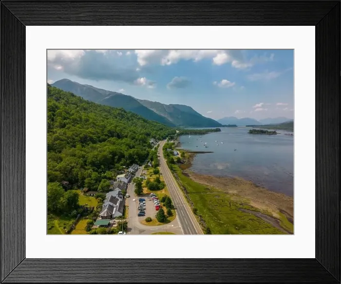 Framed Print : Aerial drone photo of the small village Glencoe. Glencoe is located between teh mountains of the Scottish Highlands Framed Print : Aerial drone photo of the small village Glencoe. Glencoe is located between teh mountains of the Scottish Highlands