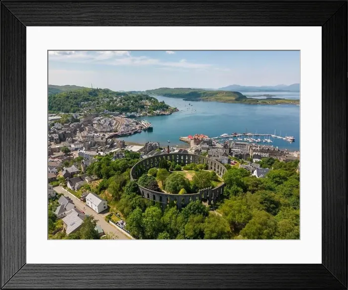 Framed Print : An aerial drone photo of the Mccaig's tower in Oban with a beautiful view over town and the bay Framed Print : An aerial drone photo of the Mccaig's tower in Oban with a beautiful view over town and the bay