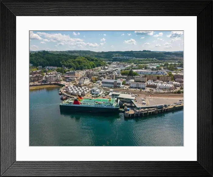 Framed Print : Aerial drone photo of the Ferry Terminal and a large passenger boat in Oban, Scotland Framed Print : Aerial drone photo of the Ferry Terminal and a large passenger boat in Oban, Scotland