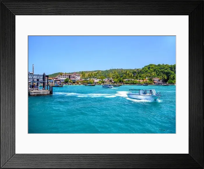 Framed Print : KRABI, THAILAND- MARCH 2018: Motor ship in the bay of Ko Phi Phi Don Island with huge rocks and cliffs on a sunny day Framed Print : KRABI, THAILAND- MARCH 2018: Motor ship in the bay of Ko Phi Phi Don Island with huge rocks and cliffs on a sunny day