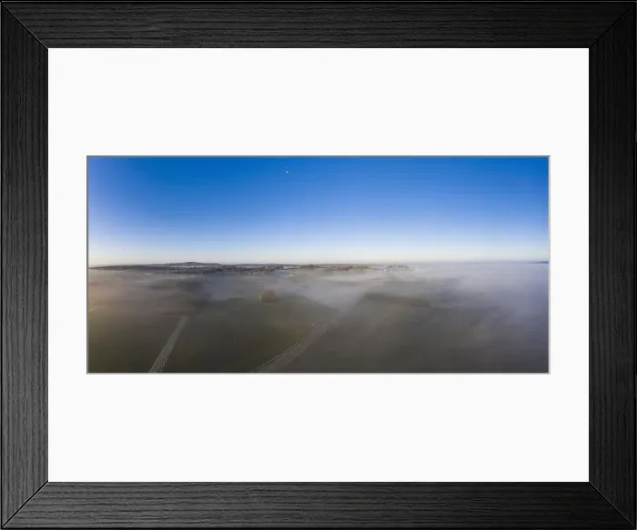 Framed Print : Drone image of morning ground fog over fields in the German province of North Hesse near the village of Rhoden in autumn