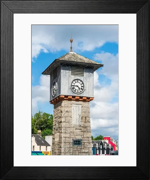 Framed Print : The clock tower in Tobermory from a drone, Isle of Mull, Scotland, UK Framed Print : The clock tower in Tobermory from a drone, Isle of Mull, Scotland, UK
