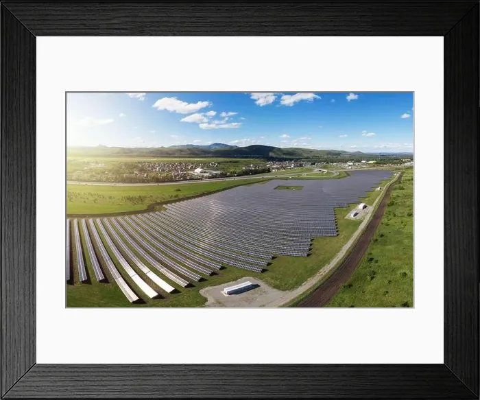 Framed Print : Aerial view to ecology solar power station panels in the green fields Framed Print : Aerial view to ecology solar power station panels in the green fields