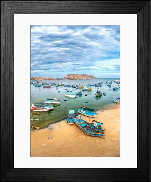Framed Print : Fishermen's boats moored in Nhon Hai sea, Binh Dinh province, Vietnam. View from above Framed Print : Fishermen's boats moored in Nhon Hai sea, Binh Dinh province, Vietnam. View from above