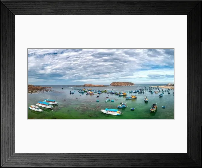 Framed Print : Fishermen's boats moored in Nhon Hai sea, Binh Dinh province, Vietnam. View from above Framed Print : Fishermen's boats moored in Nhon Hai sea, Binh Dinh province, Vietnam. View from above