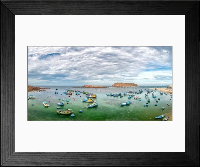 Framed Print : Fishermen's boats moored in Nhon Hai sea, Binh Dinh province, Vietnam. View from above Framed Print : Fishermen's boats moored in Nhon Hai sea, Binh Dinh province, Vietnam. View from above