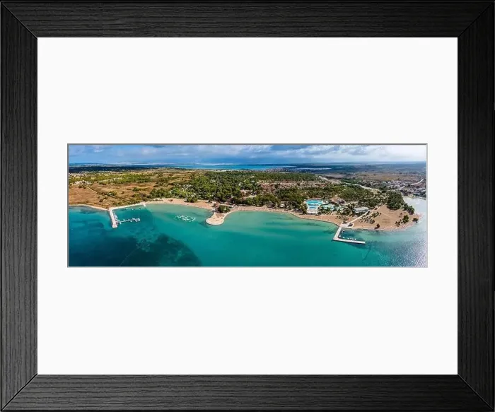 Framed Print : Zaton, Croatia - Aerial panoramic view of Zaton Holiday Resort tourist waterfront with turquoise sea water at Nin