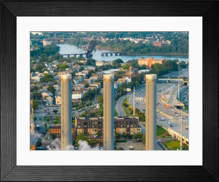 Framed Print : Late afternoon summer aerial image of the power plant located downtown Providence RI, USA Framed Print : Late afternoon summer aerial image of the power plant located downtown Providence RI, USA