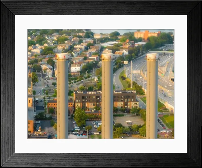 Framed Print : Late afternoon summer aerial image of the power plant located downtown Providence RI, USA