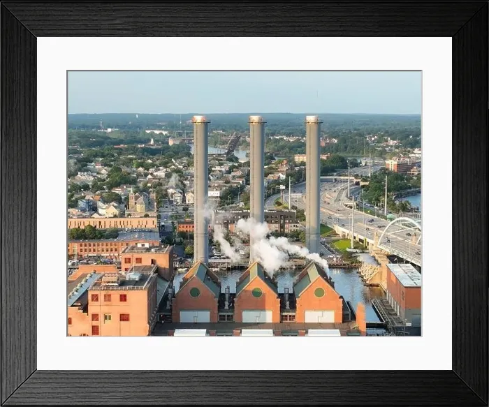 Framed Print : Late afternoon summer aerial image of the power plant located downtown Providence RI, USA Framed Print : Late afternoon summer aerial image of the power plant located downtown Providence RI, USA