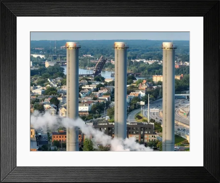 Framed Print : Late afternoon summer aerial image of the power plant located downtown Providence RI, USA Framed Print : Late afternoon summer aerial image of the power plant located downtown Providence RI, USA