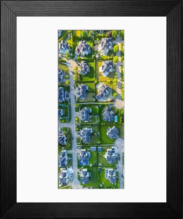 Framed Print : Aerial of new construction luxury residential neighborhood street single family homes real estate Framed Print : Aerial of new construction luxury residential neighborhood street single family homes real estate