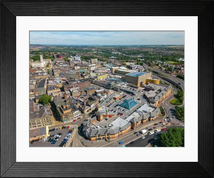 Framed Print : Aerial drone photo of the city centre of Barnsley in England Framed Print : Aerial drone photo of the city centre of Barnsley in England