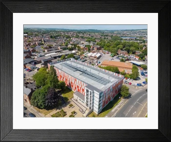 Framed Print : Aerial drone photo of a parking garage in the English town Chesterfield Framed Print : Aerial drone photo of a parking garage in the English town Chesterfield