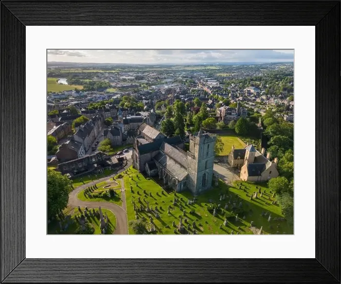 Framed Print : Aerial drone photo of the beautiful and old church in Stirling, Scotland. There is a large graveyard at the church Framed Print : Aerial drone photo of the beautiful and old church in Stirling, Scotland. There is a large graveyard at the church