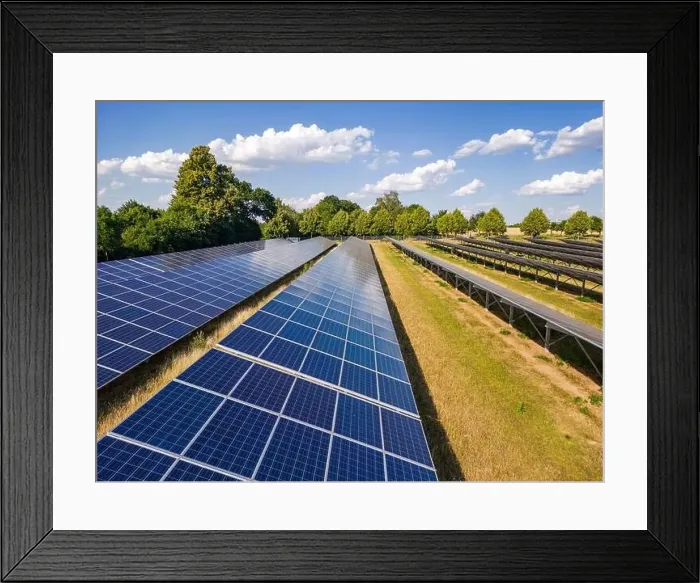 Framed Print : Solar panels of an open space installation with photovoltaic modules on an agricultural field on a day with sunshine Framed Print : Solar panels of an open space installation with photovoltaic modules on an agricultural field on a day with sunshine