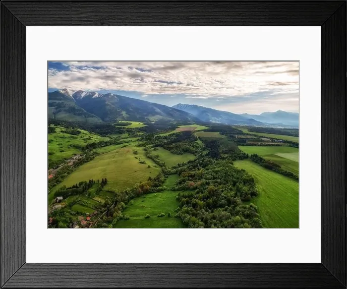 Framed Print : Beautiful view of Western and High Tatras Mountains in Slovakia. Green landscape and hills. Aerial drone photography Framed Print : Beautiful view of Western and High Tatras Mountains in Slovakia. Green landscape and hills. Aerial drone photography