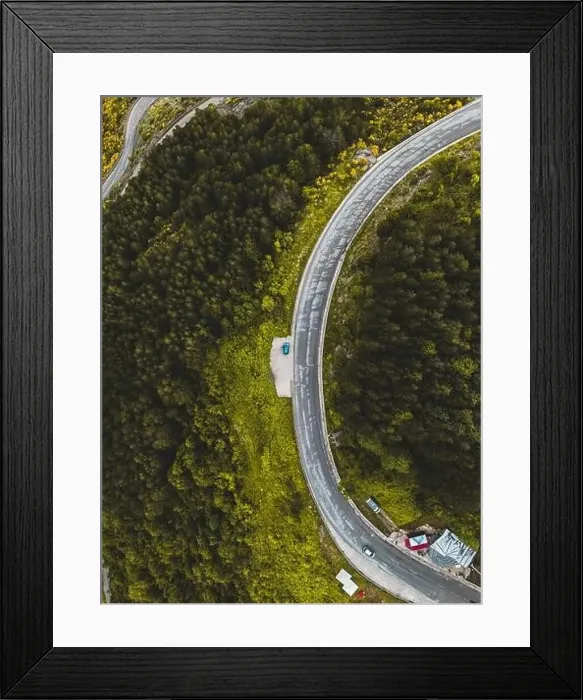 Framed Print : Aerial View of Mountain Road Surrounded by Forest Framed Print : Aerial View of Mountain Road Surrounded by Forest