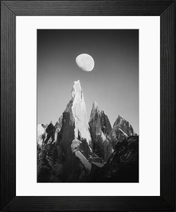 Framed Print : Cerro Torre and the moon in black and white Framed Print : Cerro Torre and the moon in black and white