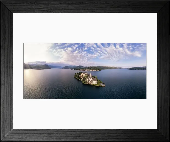 Framed Print : Lake Orta Italy. Aerial view of a beautiful mountain lake with small basilica church and castle Framed Print : Lake Orta Italy. Aerial view of a beautiful mountain lake with small basilica church and castle