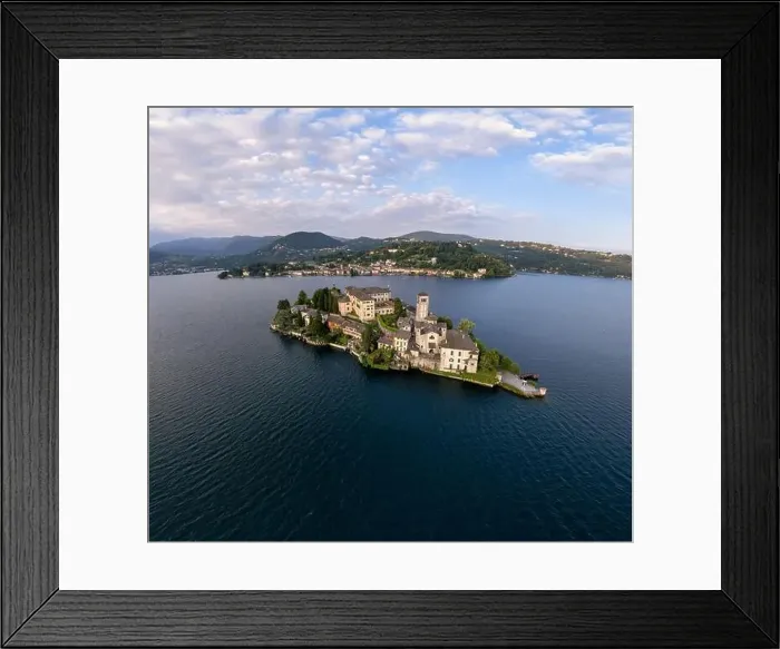 Framed Print : Lake Orta Italy. Aerial view of a beautiful mountain lake with small basilica church and castle Framed Print : Lake Orta Italy. Aerial view of a beautiful mountain lake with small basilica church and castle