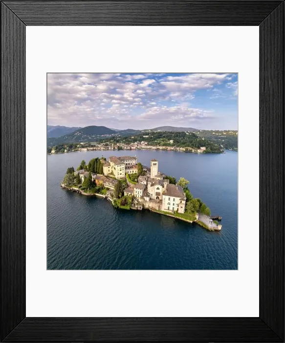 Framed Print : Lake Orta Italy. Aerial view of a beautiful mountain lake with small basilica church and castle Framed Print : Lake Orta Italy. Aerial view of a beautiful mountain lake with small basilica church and castle