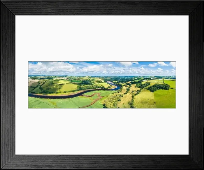Framed Print : Panorama of Sharpham Meadows and Marsh over River Dart from a drone, Totnes, Devon, England Framed Print : Panorama of Sharpham Meadows and Marsh over River Dart from a drone, Totnes, Devon, England