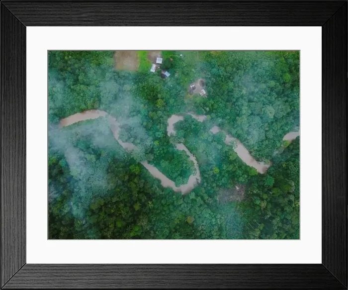 Framed Print : Aerial view of narrow road going through green trees growing in forest near residential houses located at Amazonas Framed Print : Aerial view of narrow road going through green trees growing in forest near residential houses located at Amazonas
