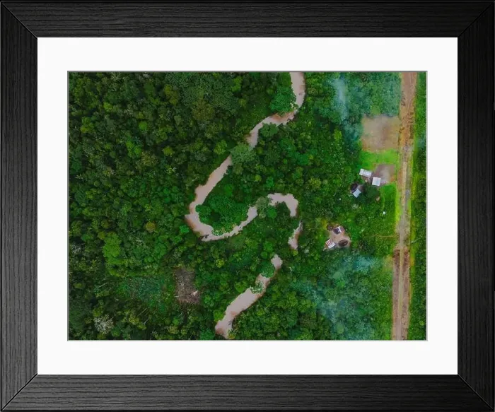 Framed Print : Aerial view of narrow road going through green trees growing in forest near residential houses located at Amazonas